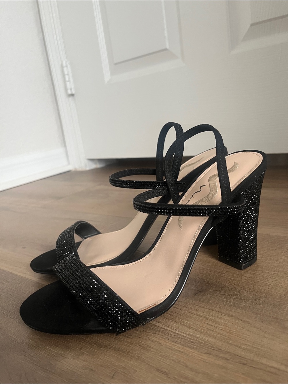 Nina Black Glitter Strappy Block Sandals Formal Holiday Party Black Tie Cocktail